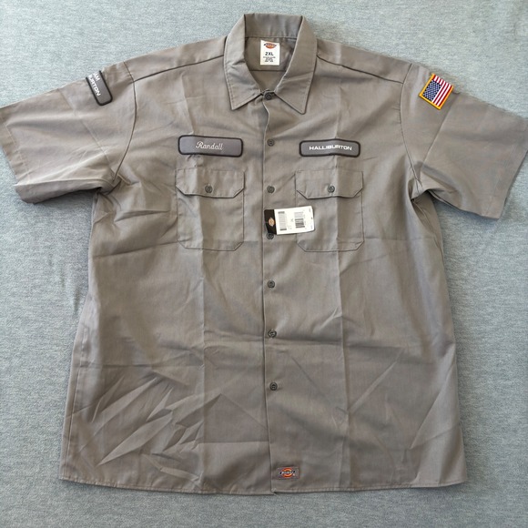 Dickies Mens 2XL Halliburton Work Shirt Short Sleeve Grey Button Up Patch